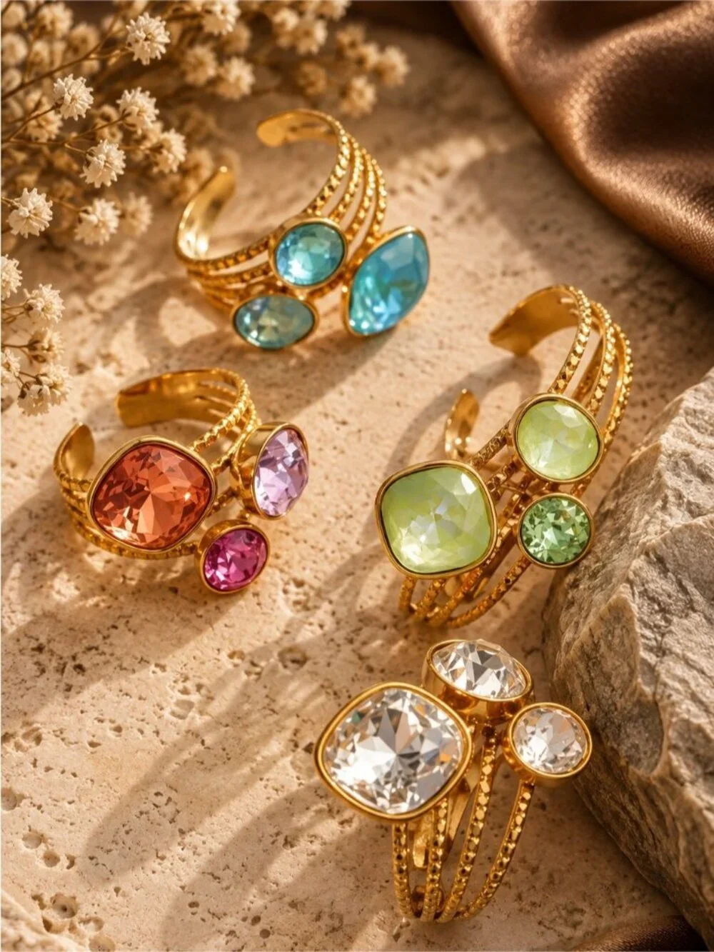 18 K Gold plated Stackable Ring Set with Peach, Lavender and Rose Stones
